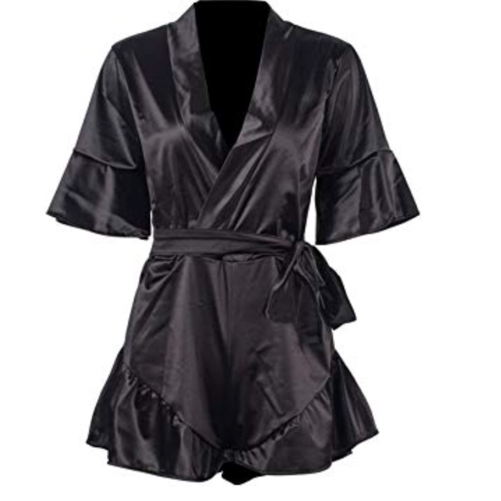 Black satin ruffle romper pinup doll jumpsuit wrap
